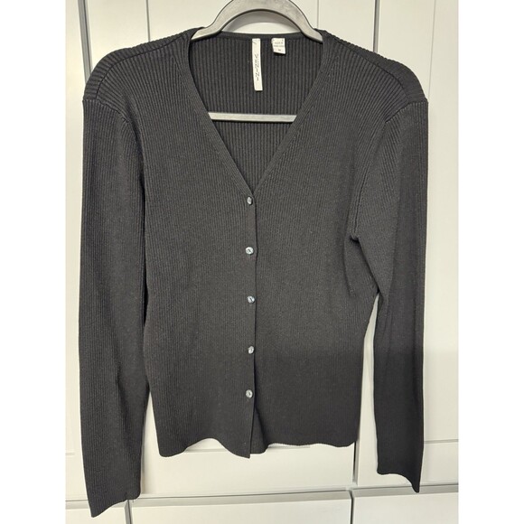 Venini  Cardigan Sweater Black Button Down Ribbed Classic Fit Rayon Blend Career - Picture 2 of 6